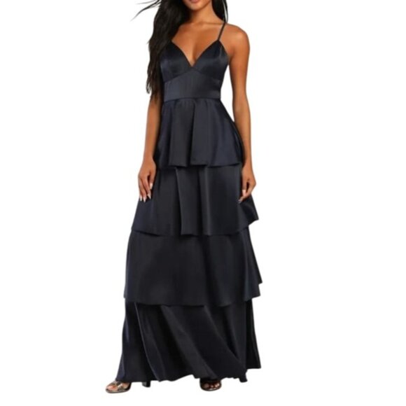 NEW Lulus Going with Elegance Navy Blue Satin Tiered Gown Size M - Picture 1 of 12